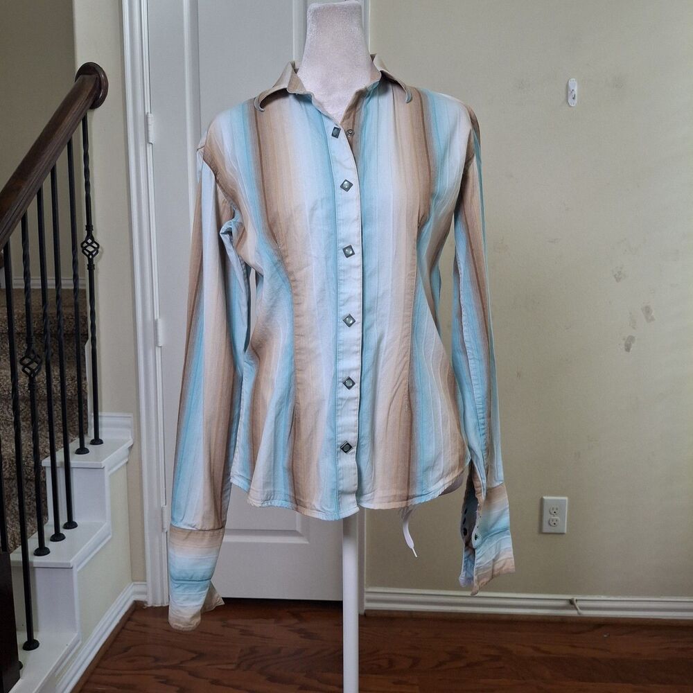 Panhandle Slim Stripe Western Shirt Women XS Diamond Pearl Snap Turquoise  Rodeo - Picture 2 of 15